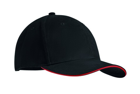 Baseball cap 6 panels 270g/m² - Schwarz/Rot bedrucken, Art.-Nr. MO9643-83