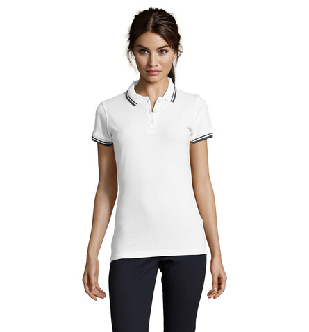 PASADENA Damen Polo 200g - Weiß/Marine bedrucken, Art.-Nr. S00578-NW-M