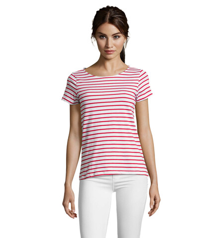 MILES DAMEN T-SHIRT 150g - Weiß / Rot bedrucken, Art.-Nr. S01399-WR-XL