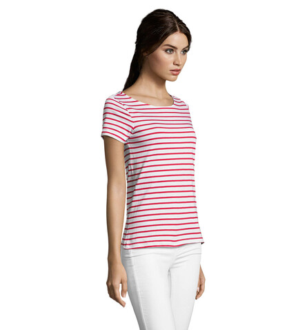 MILES DAMEN T-SHIRT 150g - Weiß / Rot bedrucken, Art.-Nr. S01399-WR-XL