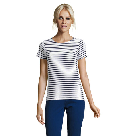MILES DAMEN T-SHIRT 150g - Weiß/Marine bedrucken, Art.-Nr. S01399-NW-XS