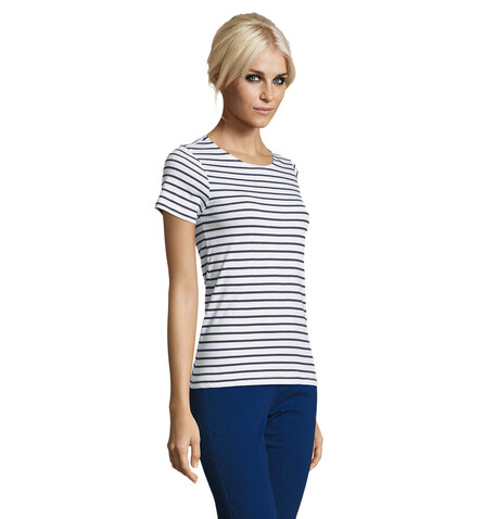 MILES DAMEN T-SHIRT 150g - Weiß/Marine bedrucken, Art.-Nr. S01399-NW-XS