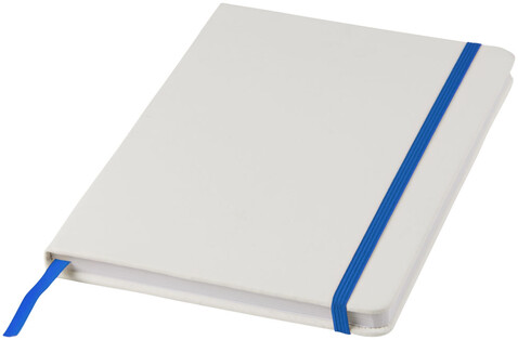 Spectrum weißes A5 Notizbuch mit farbigem Gummiband, weiss, royalblau bedrucken, Art.-Nr. 10713501