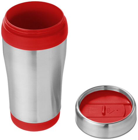 Elwood 410 ml Isolierbecher, silber, rot bedrucken, Art.-Nr. 10031002