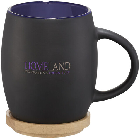 Hearth 400 ml Keramiktasse mit Holz Untersetzer, schwarz, blau bedrucken, Art.-Nr. 10046601