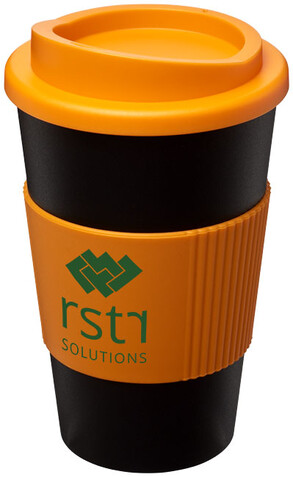 Americano® 350 ml Isolierbecher mit Schutzring, schwarz, orange bedrucken, Art.-Nr. 21000205 Americano® 350 ml Isolierbecher mit Schutzring, schwarz, orange bedrucken, Art.-Nr. 21000205