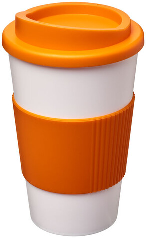 Americano® 350 ml Isolierbecher mit Schutzring, weiss, orange bedrucken, Art.-Nr. 21000212