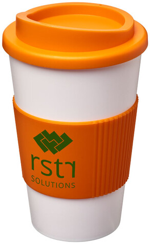 Americano® 350 ml Isolierbecher mit Schutzring, weiss, orange bedrucken, Art.-Nr. 21000212