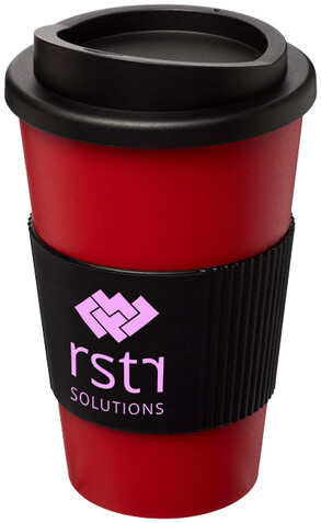 Americano® 350 ml Isolierbecher mit Schutzring, rot, schwarz bedrucken, Art.-Nr. 21000216 Americano® 350 ml Isolierbecher mit Schutzring, rot, schwarz bedrucken, Art.-Nr. 21000216