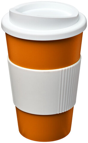 Americano® 350 ml Isolierbecher mit Schutzring, orange, weiss bedrucken, Art.-Nr. 21000223 Americano® 350 ml Isolierbecher mit Schutzring, orange, weiss bedrucken, Art.-Nr. 21000223