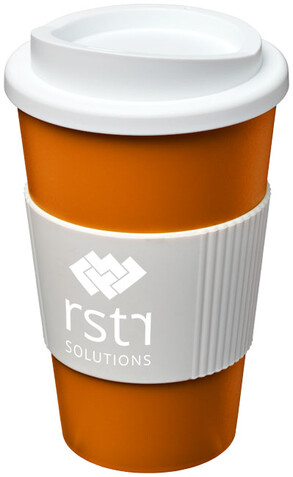 Americano® 350 ml Isolierbecher mit Schutzring, orange, weiss bedrucken, Art.-Nr. 21000223 Americano® 350 ml Isolierbecher mit Schutzring, orange, weiss bedrucken, Art.-Nr. 21000223