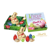 Osternest mit Schokolade von Lindt - 5 Schokoladeneier + 1 Lindt Goldhase bedrucken, Art.-Nr. 94520 Osternest mit Schokolade von Lindt - 5 Schokoladeneier + 1 Lindt Goldhase bedrucken, Art.-Nr. 94520