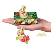 Osternest mit Schokolade von Lindt - 2 Schokoladeneier + 1 Lindt Goldhase bedrucken, Art.-Nr. 94579 Osternest mit Schokolade von Lindt - 2 Schokoladeneier + 1 Lindt Goldhase bedrucken, Art.-Nr. 94579