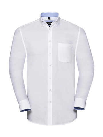 Russell Europe Men`s LS Tailored Washed Oxford Shirt, White/Oxford Blue, M bedrucken, Art.-Nr. 020000534