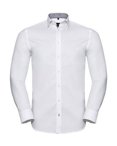 Russell Europe Tailored Contrast Herringbone Shirt LS, White/Silver/Convoy Grey, S bedrucken, Art.-Nr. 022000873