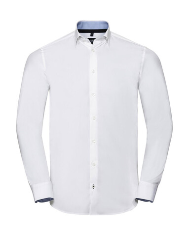 Russell Europe Men`s LS Tailored Contrast Ultimate Stretch Shirt, White/Oxford Blue/Bright Navy, 4XL bedrucken, Art.-Nr. 023000839