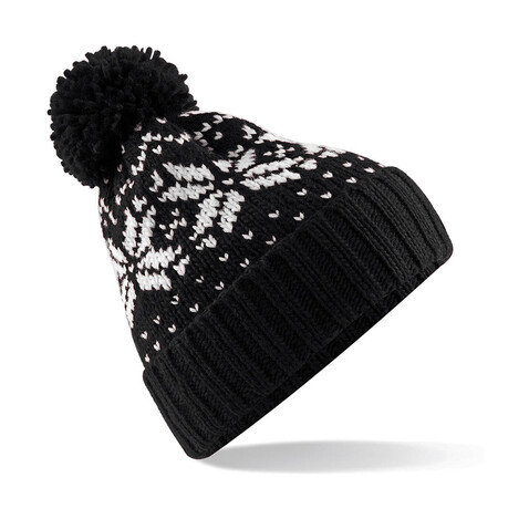 Beechfield Fair Isle Snowstar® Beanie, Black/White, One Size bedrucken, Art.-Nr. 344691500