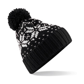 Beechfield Fair Isle Snowstar® Beanie, Black/White, One Size bedrucken, Art.-Nr. 344691500