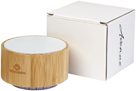 Cosmos Bluetooth® Lautsprecher aus Bambus, natur, weiss bedrucken, Art.-Nr. 12410001