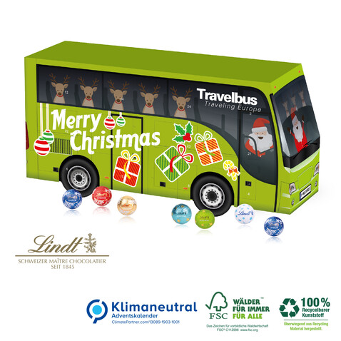 3D Adventskalender Lindt &quot;Bus&quot;, Klimaneutral, FSC®-zertifiziert bedrucken, Art.-Nr. 95313