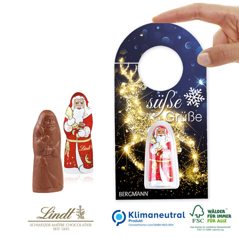 Schokokarte &quot;Business&quot; mit Lindt Weihnachtsmann - Türanhänger, Klimaneutral, FSC®-zertifiziert bedrucken, Art.-Nr. 95440