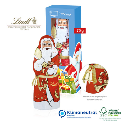 Lindt Weihnachtsmann mit Glöckchen, 70 g, Klimaneutral, FSC®-zertifiziert bedrucken, Art.-Nr. 95453