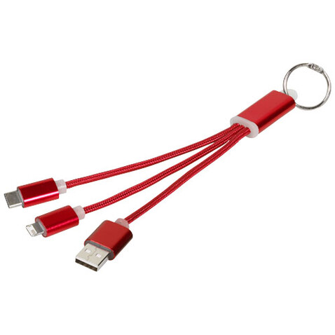 Metal 3-in-1 Ladekabel mit Schlüsselanhänger, rot bedrucken, Art.-Nr. 13496103