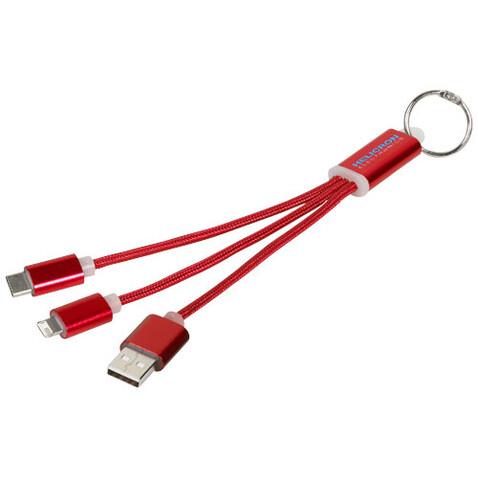 Metal 3-in-1 Ladekabel mit Schlüsselanhänger, rot bedrucken, Art.-Nr. 13496103
