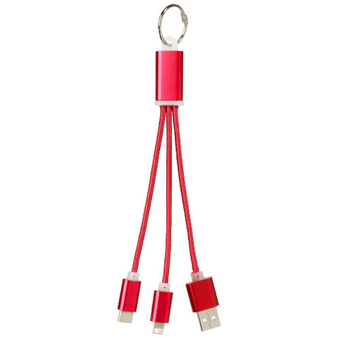 Metal 3-in-1 Ladekabel mit Schlüsselanhänger, rot bedrucken, Art.-Nr. 13496103