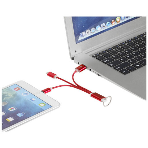 Metal 3-in-1 Ladekabel mit Schlüsselanhänger, rot bedrucken, Art.-Nr. 13496103