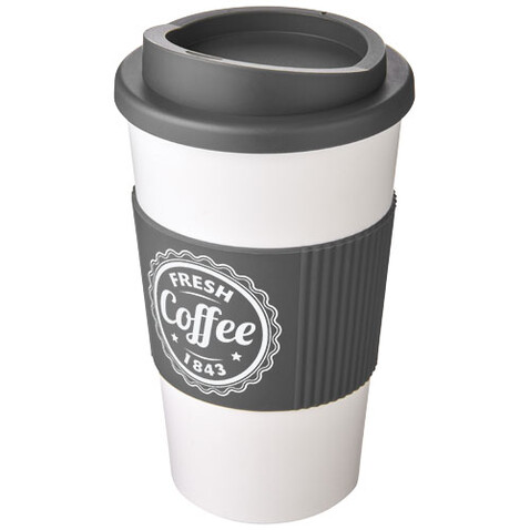 Americano® 350 ml Isolierbecher mit Schutzring, weiss, grau bedrucken, Art.-Nr. 21000232 Americano® 350 ml Isolierbecher mit Schutzring, weiss, grau bedrucken, Art.-Nr. 21000232