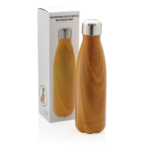 Vakuumisolierte Stainless Steel Flasche mit Holzoptik gelb bedrucken, Art.-Nr. P436.486