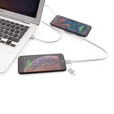 3-in-1 Kabel mit 5W Bambus Wireless Charger weiß bedrucken, Art.-Nr. P302.253