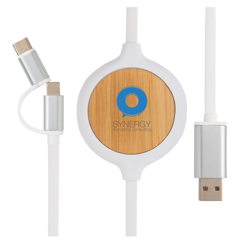 3-in-1 Kabel mit 5W Bambus Wireless Charger weiß bedrucken, Art.-Nr. P302.253