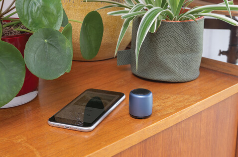 Kabelloser Mini-Lautsprecher aus Aluminium blau bedrucken, Art.-Nr. P329.395