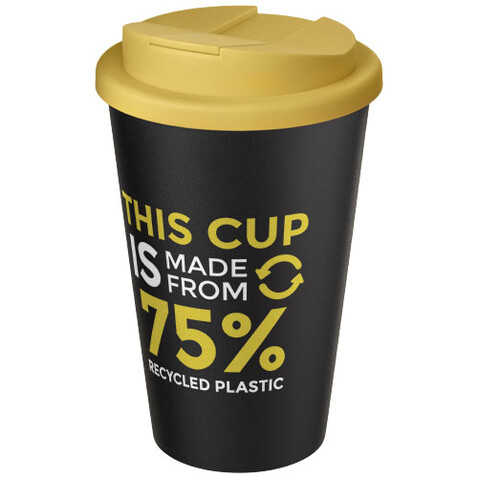 Americano® Eco 350 ml recycelter Becher mit auslaufsicherem Deckel, gelb, schwarz bedrucken, Art.-Nr. 21042511 Americano® Eco 350 ml recycelter Becher mit auslaufsicherem Deckel, gelb, schwarz bedrucken, Art.-Nr. 21042511