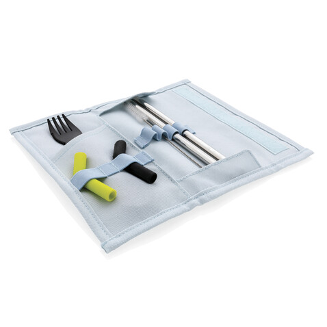 Tierra 2-teiliges Trinkhalm- und Besteckset blau bedrucken, Art.-Nr. P269.555