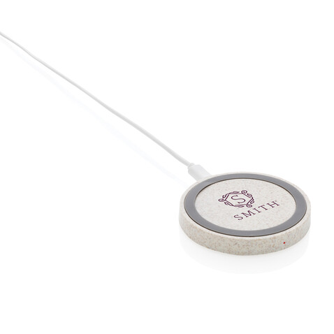 Rundes 5W Charging Pad aus Weizenstroh khaki bedrucken, Art.-Nr. P308.299
