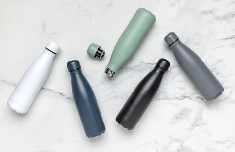 Einfarbige Vakuumisolierte Stainless Steel Flasche blau bedrucken, Art.-Nr. P436.465
