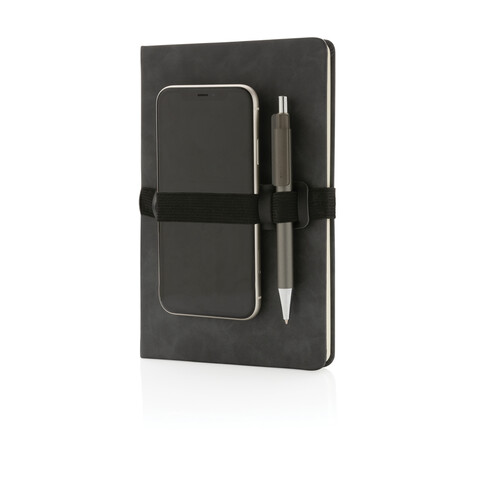 Deluxe Hardcover PU Notizbuch mit Handy- und Stiftehalter grau bedrucken, Art.-Nr. P774.232