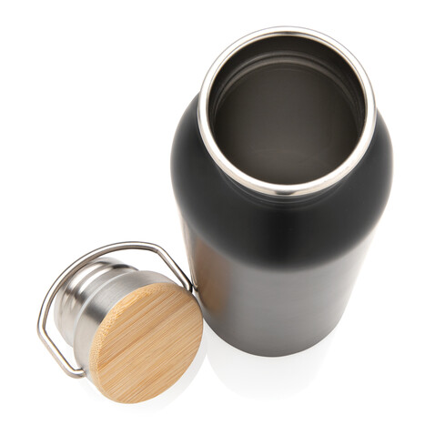 Moderne Stainless-Steel Flasche mit Bambusdeckel schwarz bedrucken, Art.-Nr. P436.831