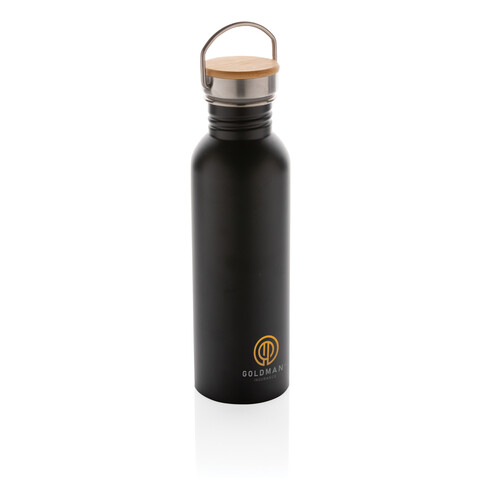 Moderne Stainless-Steel Flasche mit Bambusdeckel schwarz bedrucken, Art.-Nr. P436.831