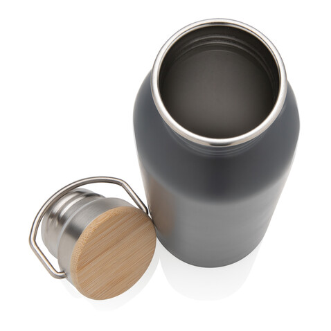 Moderne Stainless-Steel Flasche mit Bambusdeckel grau bedrucken, Art.-Nr. P436.832