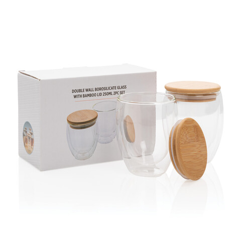 2-tlg Set Borosilikatgläser mit Bambusdeckel 250ml transparent bedrucken, Art.-Nr. P432.140