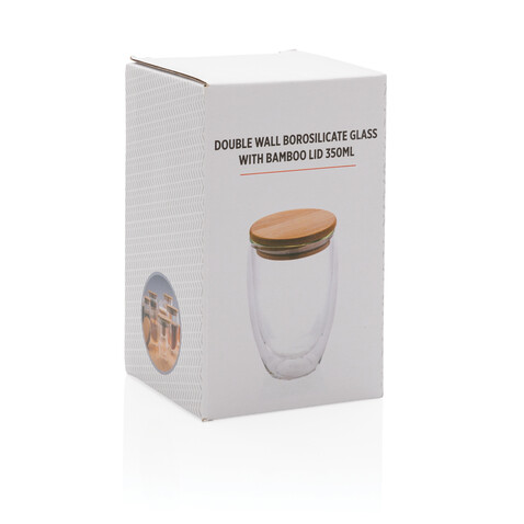 Doppelwandiges Borosilikatglas mit Bambusdeckel 350ml transparent bedrucken, Art.-Nr. P432.170