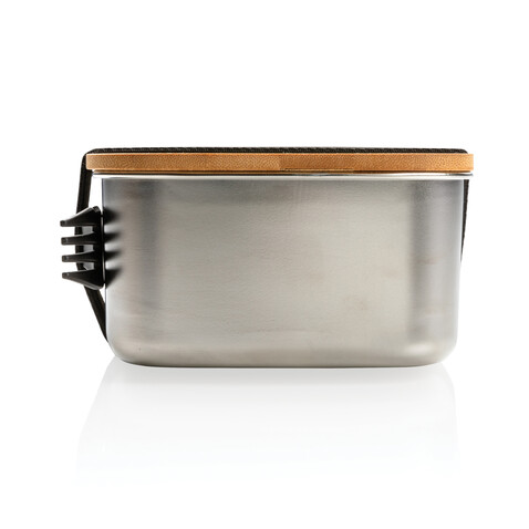 Stainless Steel Lunchbox mit Bambus-Deckel und Göffel silber bedrucken, Art.-Nr. P269.622