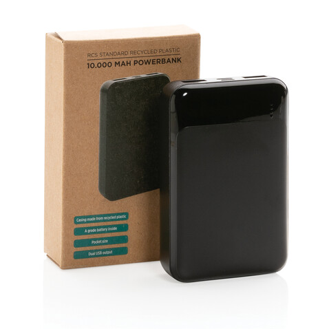 10.000 mAh Powerbank aus RCS Standard recyceltem Kunststoff schwarz bedrucken, Art.-Nr. P322.661