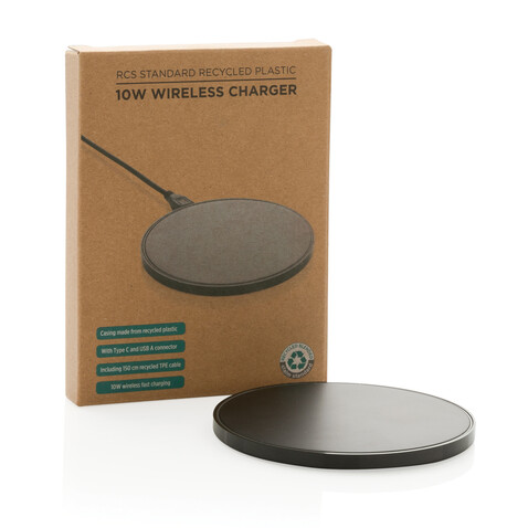 10W Wireless Charger aus RCS Standard recyceltem Kunststoff schwarz bedrucken, Art.-Nr. P308.661