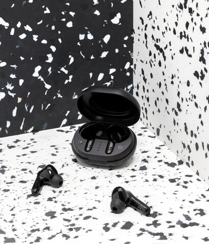 TWS Ohrhörer aus RCS Standard recyceltem Kunststoff schwarz bedrucken, Art.-Nr. P329.671