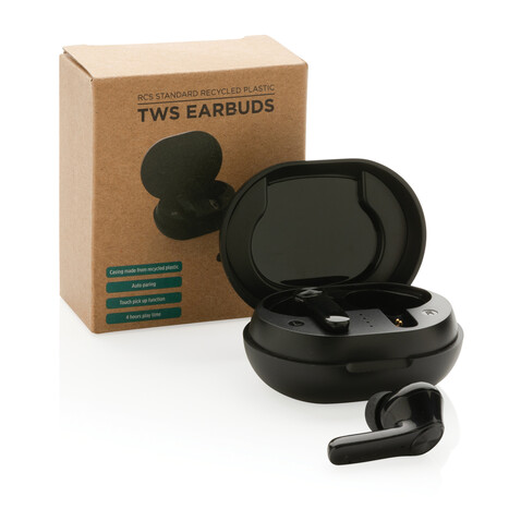 TWS Ohrhörer aus RCS Standard recyceltem Kunststoff schwarz bedrucken, Art.-Nr. P329.671